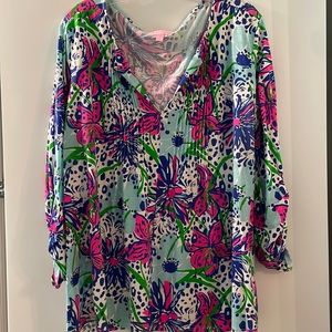 Lilly Pulitzer Braylen Tunic Leopard Tiger XL Pleated Floral Pink Blue